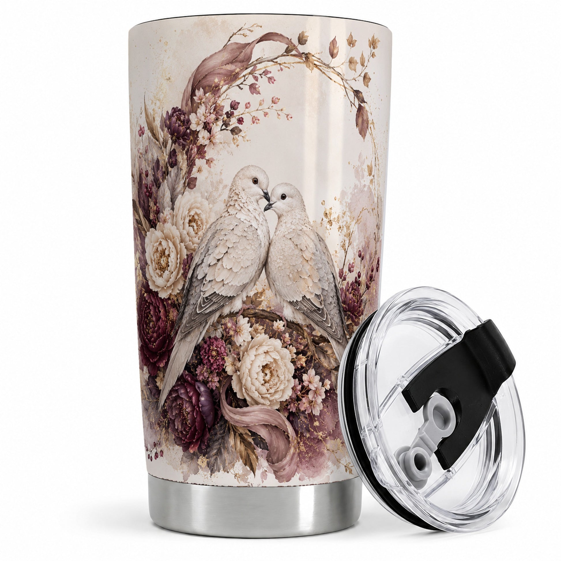 Romantic Doves Tumbler, 20oz Stainless Steel Tumbler with Floral Art