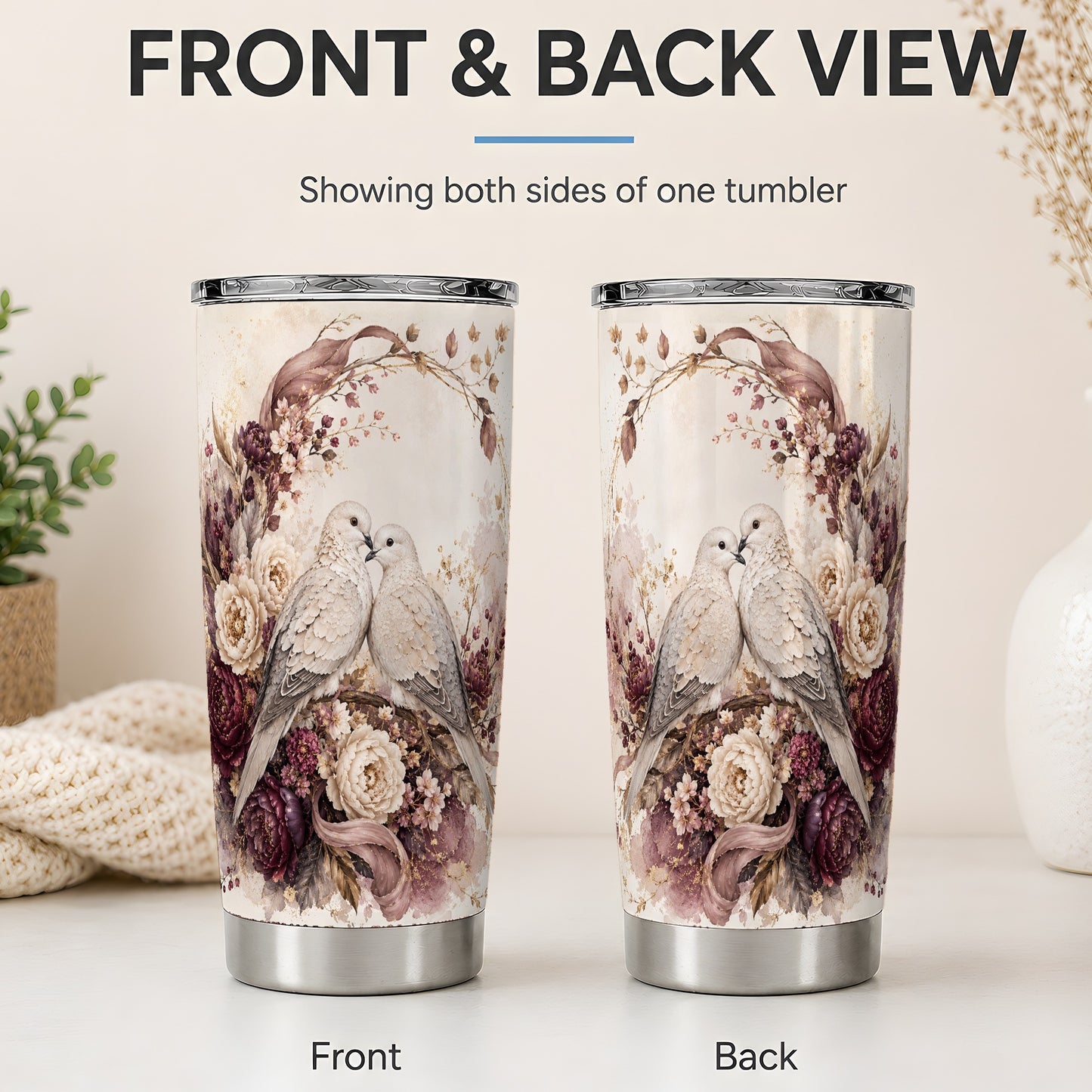 #pl[20oz|Steel] Romantic Doves Tumbler, 20oz Stainless Steel Tumbler with Floral Art