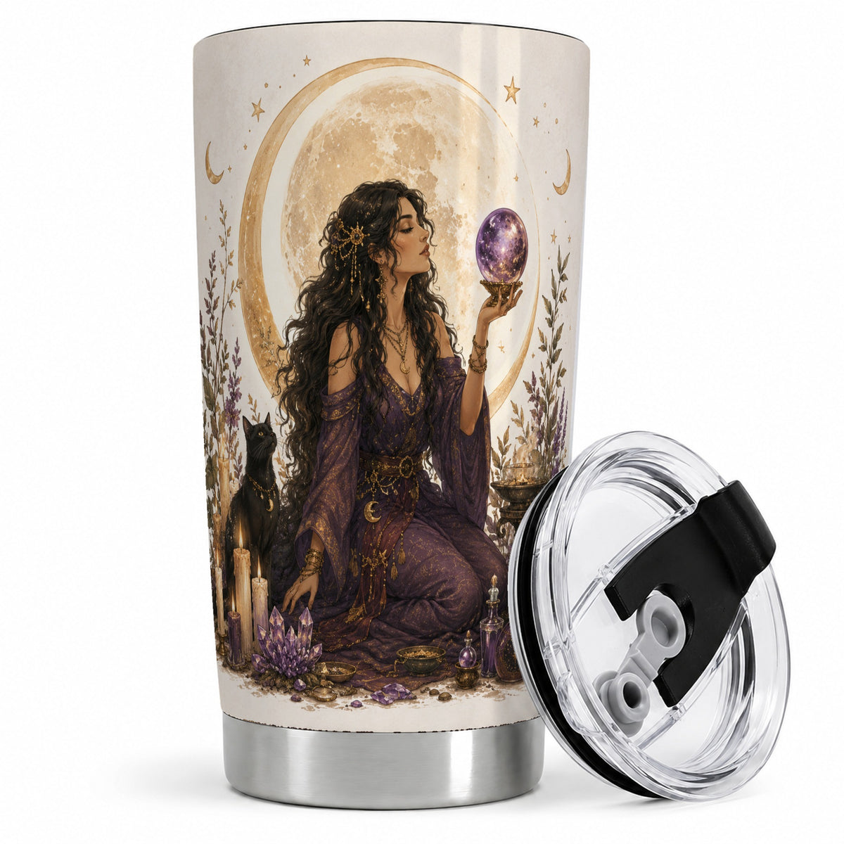 Mystic Fortune Teller Tumbler, 20oz Stainless Steel Tumbler with Moon Art