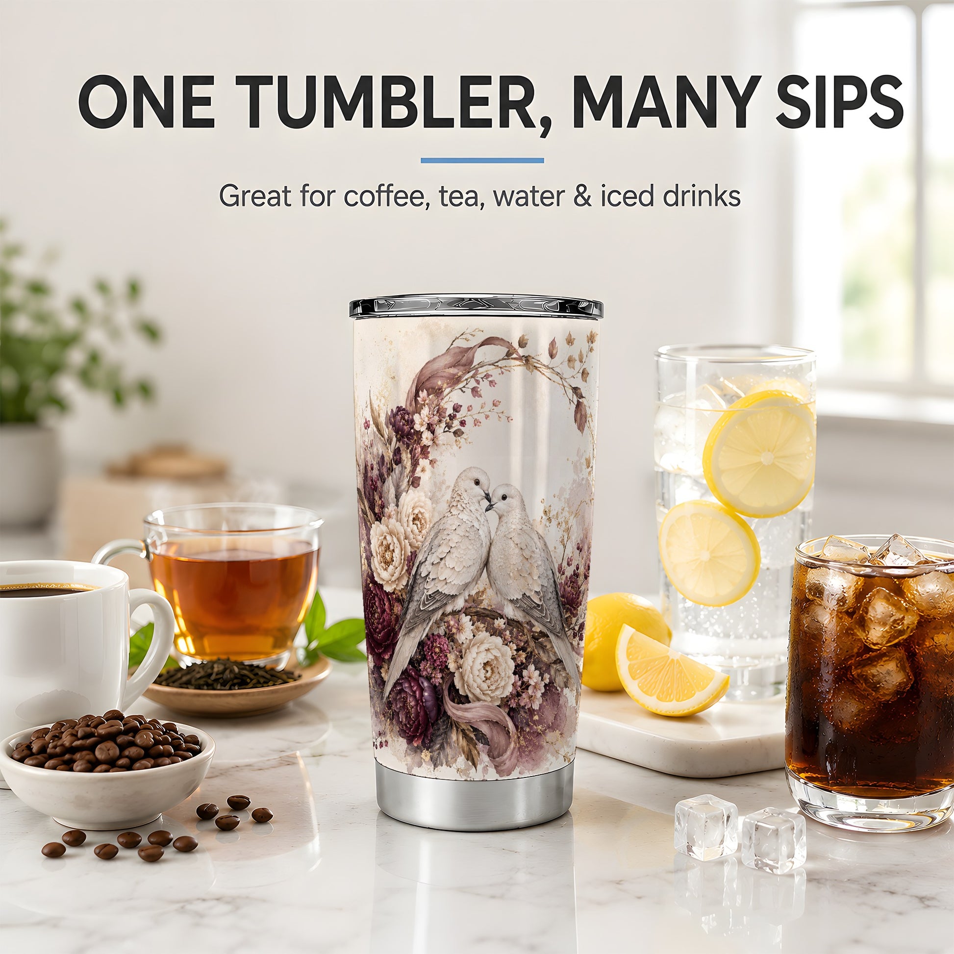 #pl[20oz|Steel] Romantic Doves Tumbler, 20oz Stainless Steel Tumbler with Floral Art