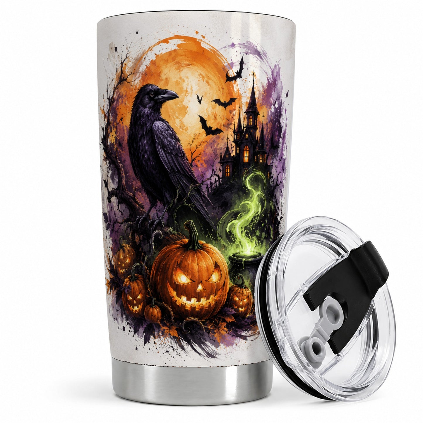 Halloween Raven Tumbler, 20oz Stainless Steel Tumbler with Pumpkin Art