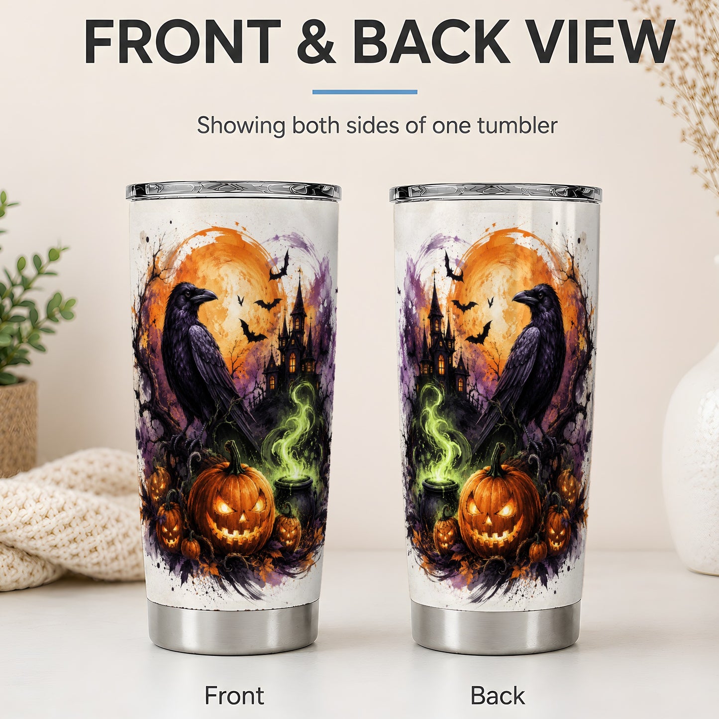 #pl[20oz|Steel] Halloween Raven Tumbler, 20oz Stainless Steel Tumbler with Pumpkin Art