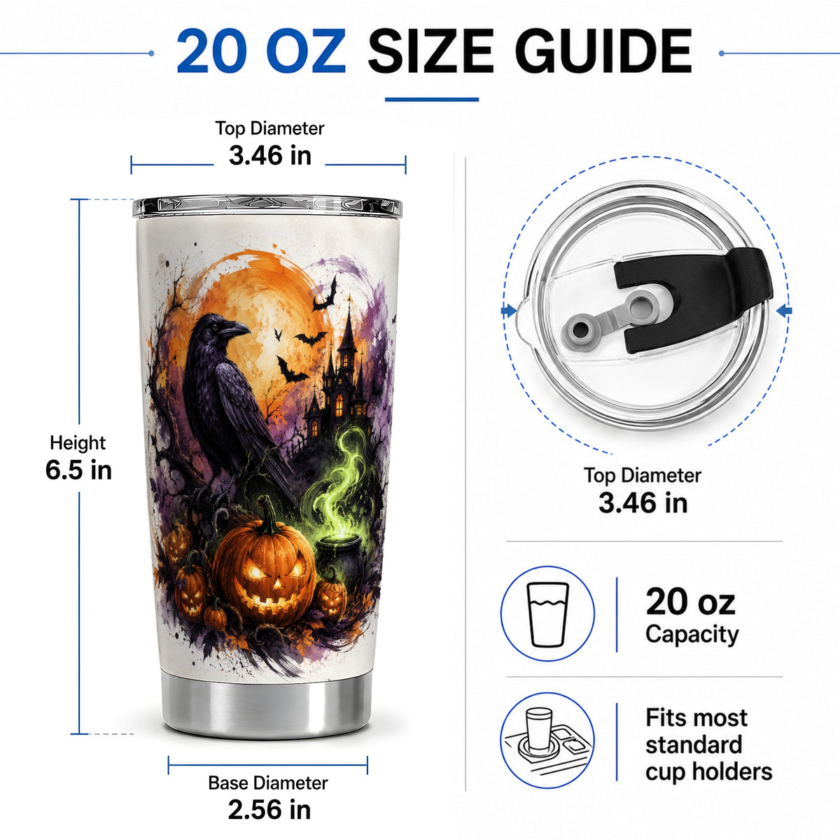 #pl[20oz|Steel] Halloween Raven Tumbler, 20oz Stainless Steel Tumbler with Pumpkin Art