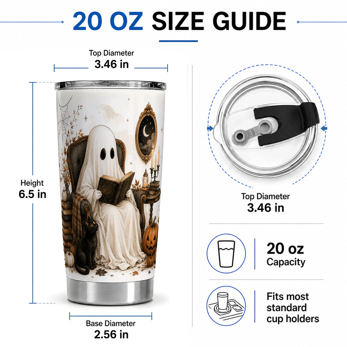 #pl[20oz|Steel] Cozy Ghost Reader Tumbler, 20oz Stainless Steel Tumbler with Book Art