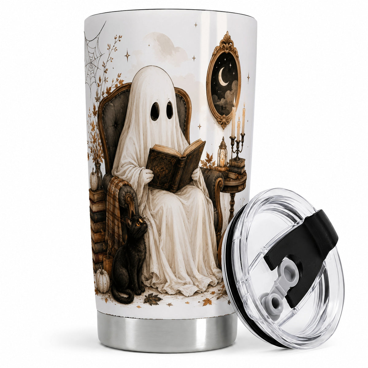 Cozy Ghost Reader Tumbler, 20oz Stainless Steel Tumbler with Book Art
