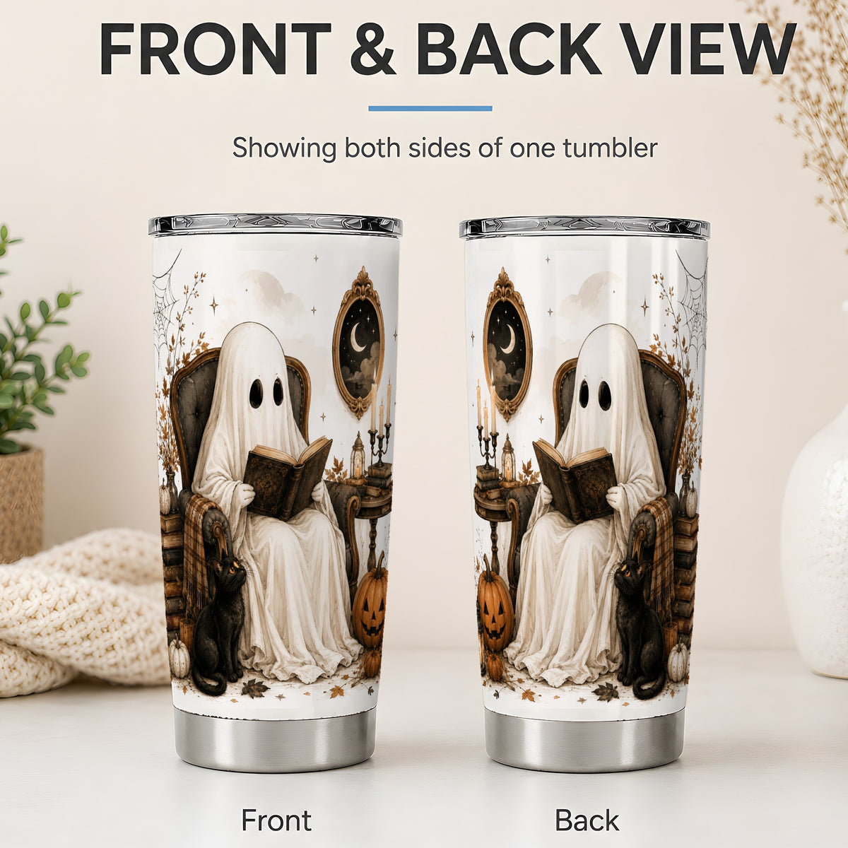 #pl[20oz|Steel] Cozy Ghost Reader Tumbler, 20oz Stainless Steel Tumbler with Book Art