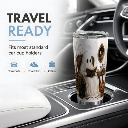 #pl[20oz|Steel] Cozy Ghost Reader Tumbler, 20oz Stainless Steel Tumbler with Book Art