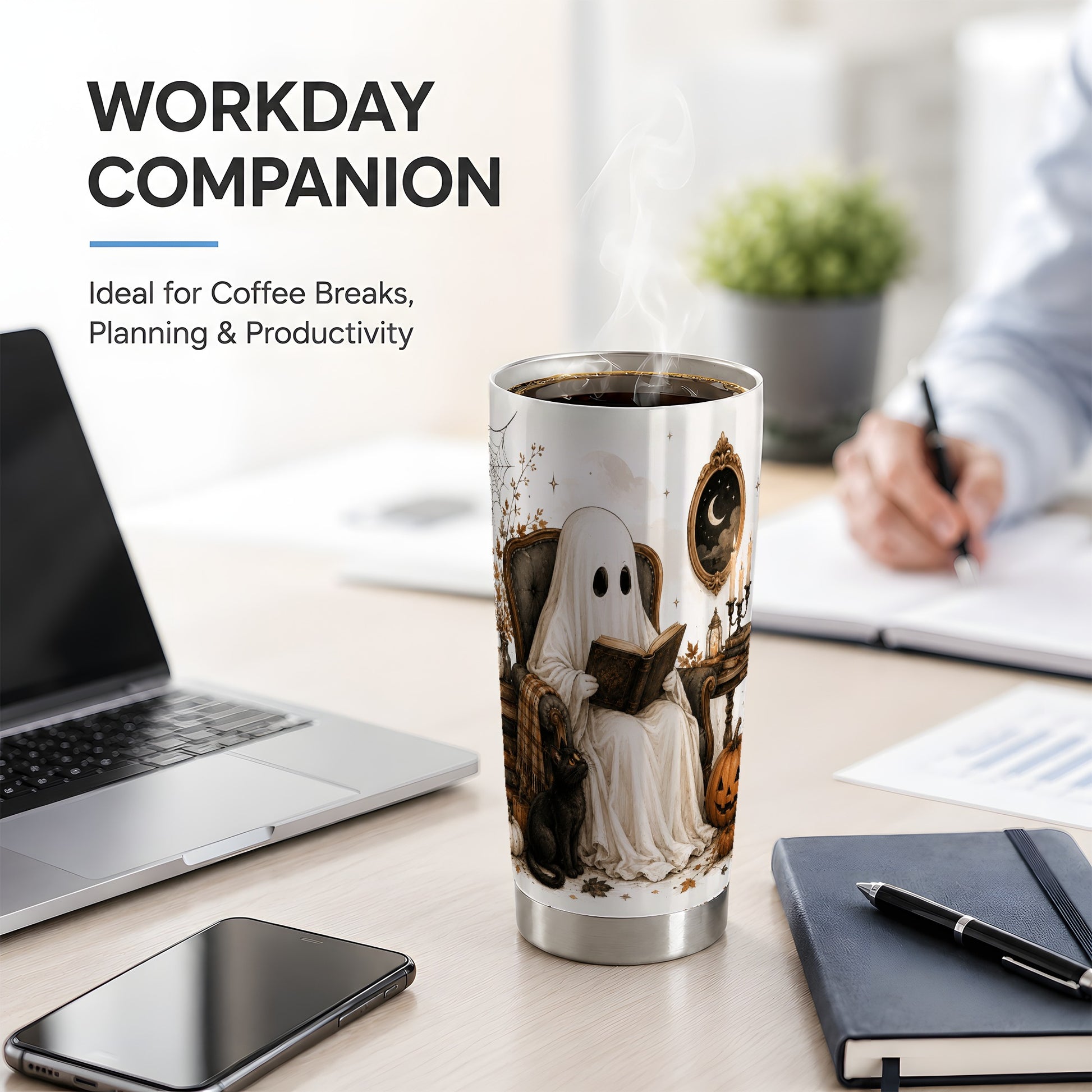 #pl[20oz|Steel] Cozy Ghost Reader Tumbler, 20oz Stainless Steel Tumbler with Book Art