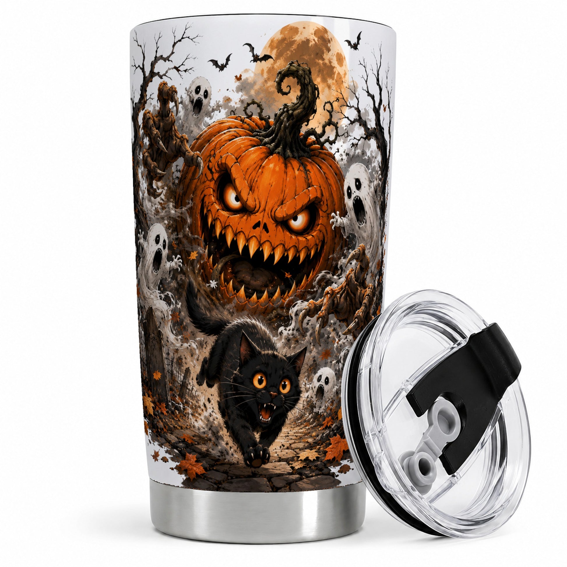 Scary Pumpkin Tumbler, 20oz Stainless Steel Tumbler with Ghost Art