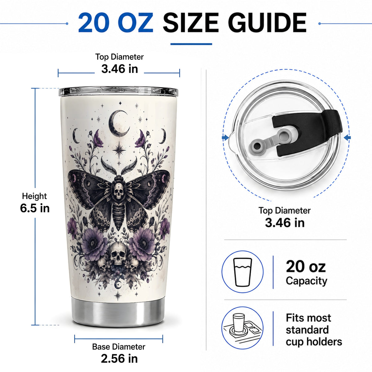 #pl[20oz|Steel] Death Moth Skull Tumbler, 20oz Stainless Steel Tumbler with Floral Art
