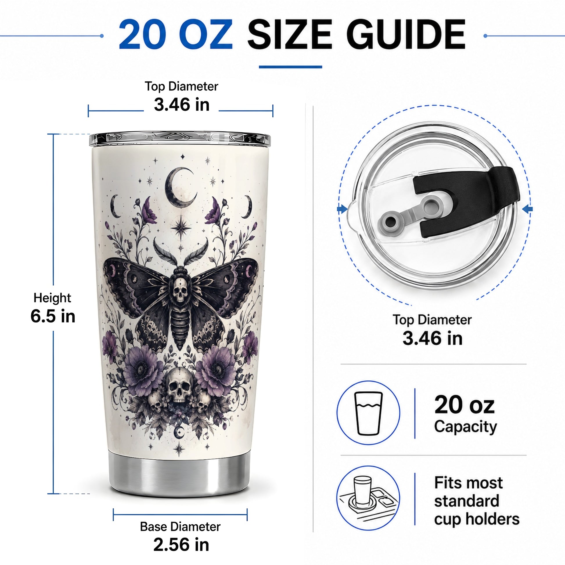 #pl[20oz|Steel] Death Moth Skull Tumbler, 20oz Stainless Steel Tumbler with Floral Art