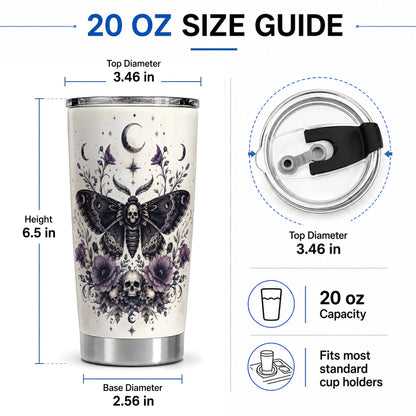 #pl[20oz|Steel] Death Moth Skull Tumbler, 20oz Stainless Steel Tumbler with Floral Art