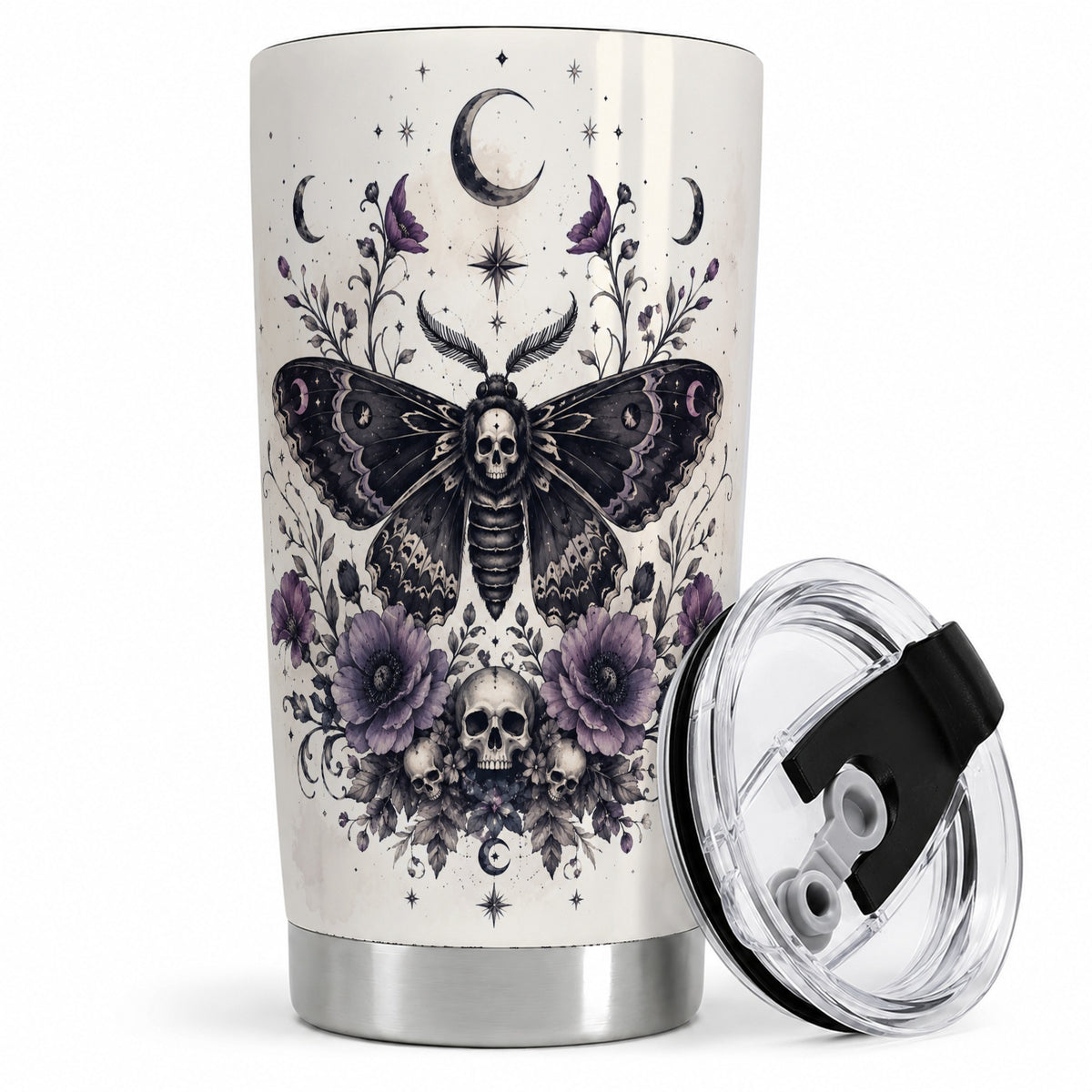 Death Moth Skull Tumbler, 20oz Stainless Steel Tumbler with Floral Art