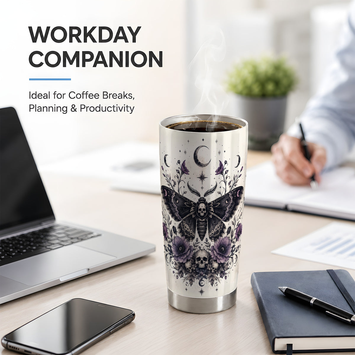 #pl[20oz|Steel] Death Moth Skull Tumbler, 20oz Stainless Steel Tumbler with Floral Art