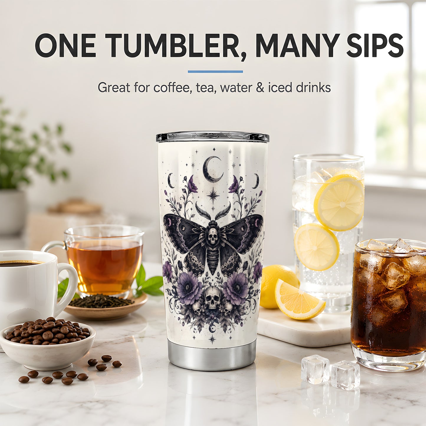 #pl[20oz|Steel] Death Moth Skull Tumbler, 20oz Stainless Steel Tumbler with Floral Art
