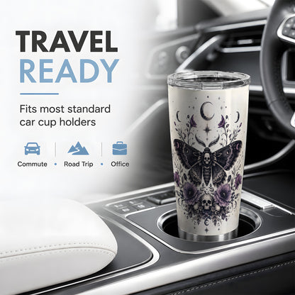 #pl[20oz|Steel] Death Moth Skull Tumbler, 20oz Stainless Steel Tumbler with Floral Art