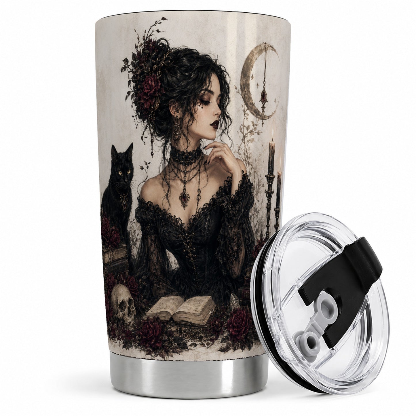 Gothic Witch Tumbler, 20oz Stainless Steel Tumbler with Black Cat Art
