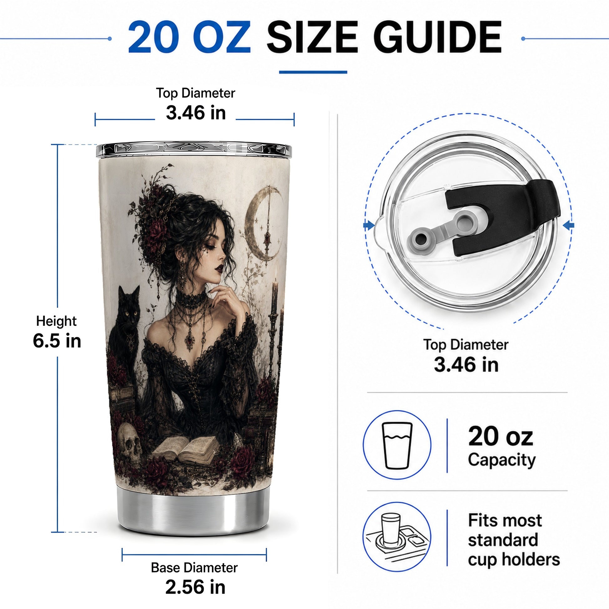 #pl[20oz|Steel] Gothic Witch Tumbler, 20oz Stainless Steel Tumbler with Black Cat Art