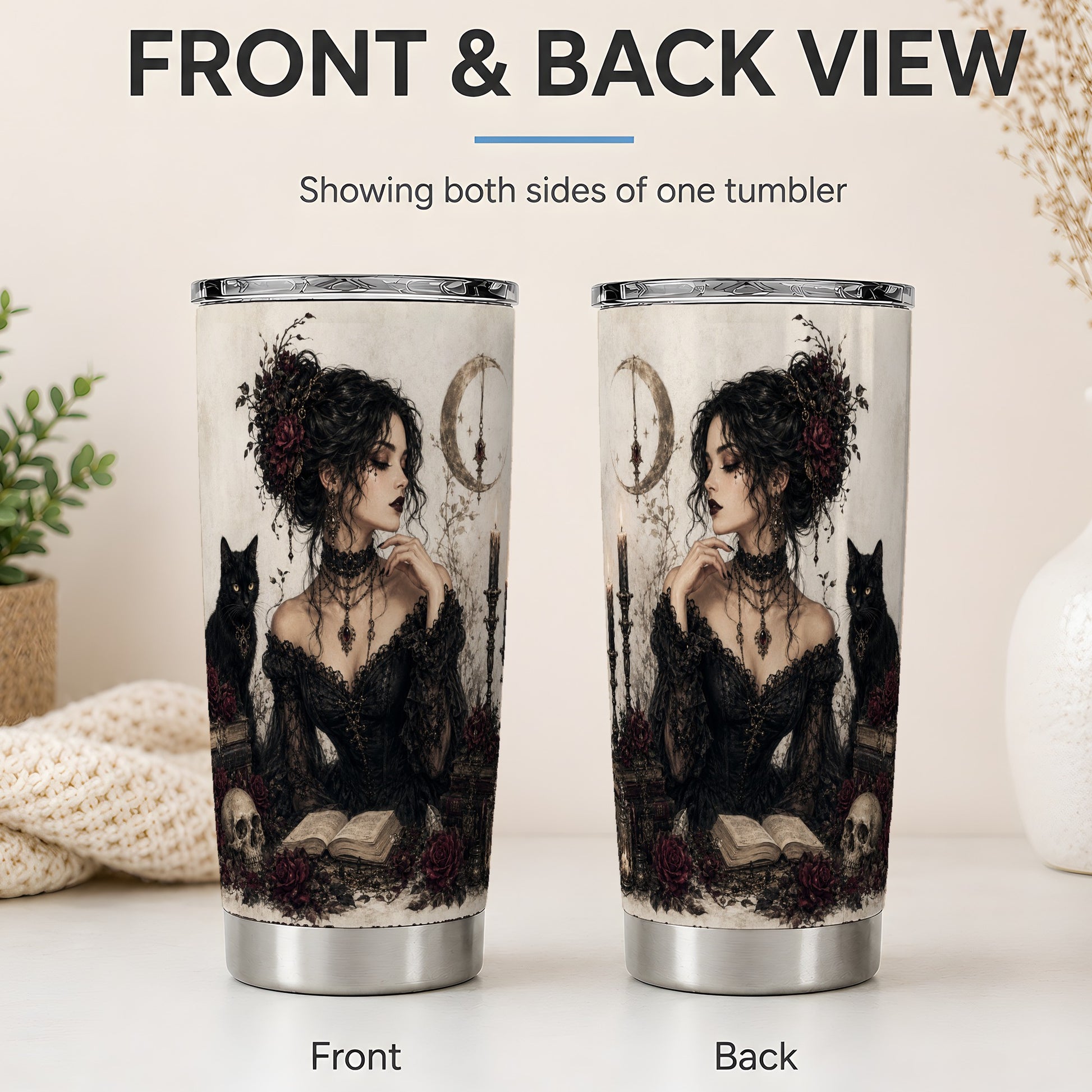 #pl[20oz|Steel] Gothic Witch Tumbler, 20oz Stainless Steel Tumbler with Black Cat Art