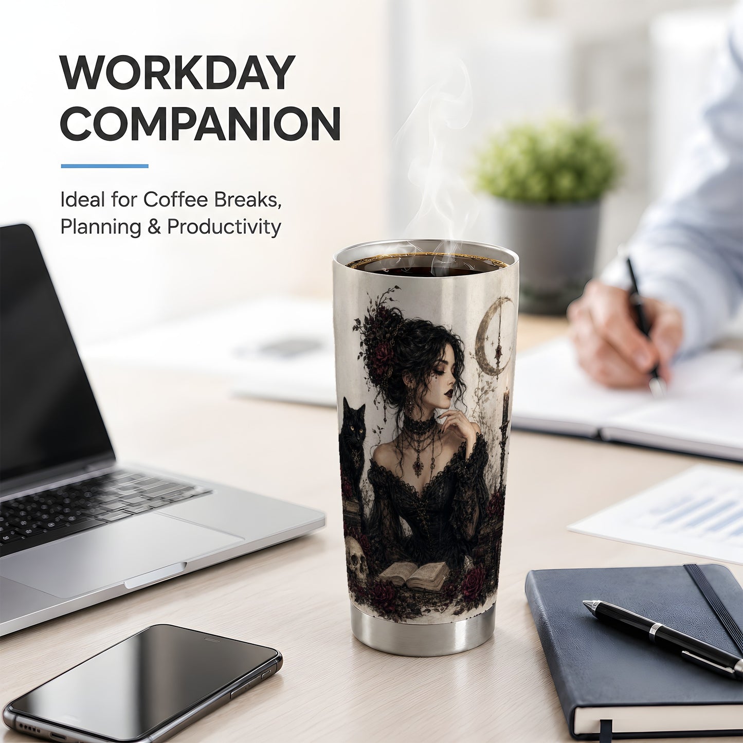 #pl[20oz|Steel] Gothic Witch Tumbler, 20oz Stainless Steel Tumbler with Black Cat Art