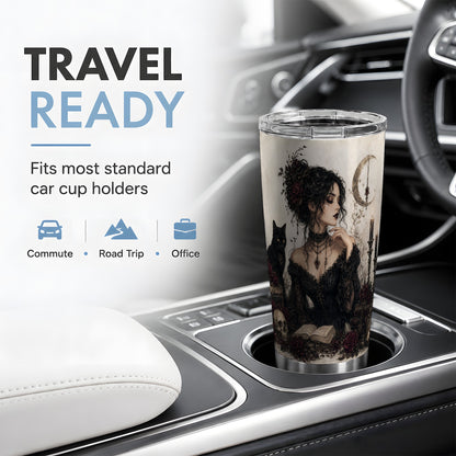 #pl[20oz|Steel] Gothic Witch Tumbler, 20oz Stainless Steel Tumbler with Black Cat Art