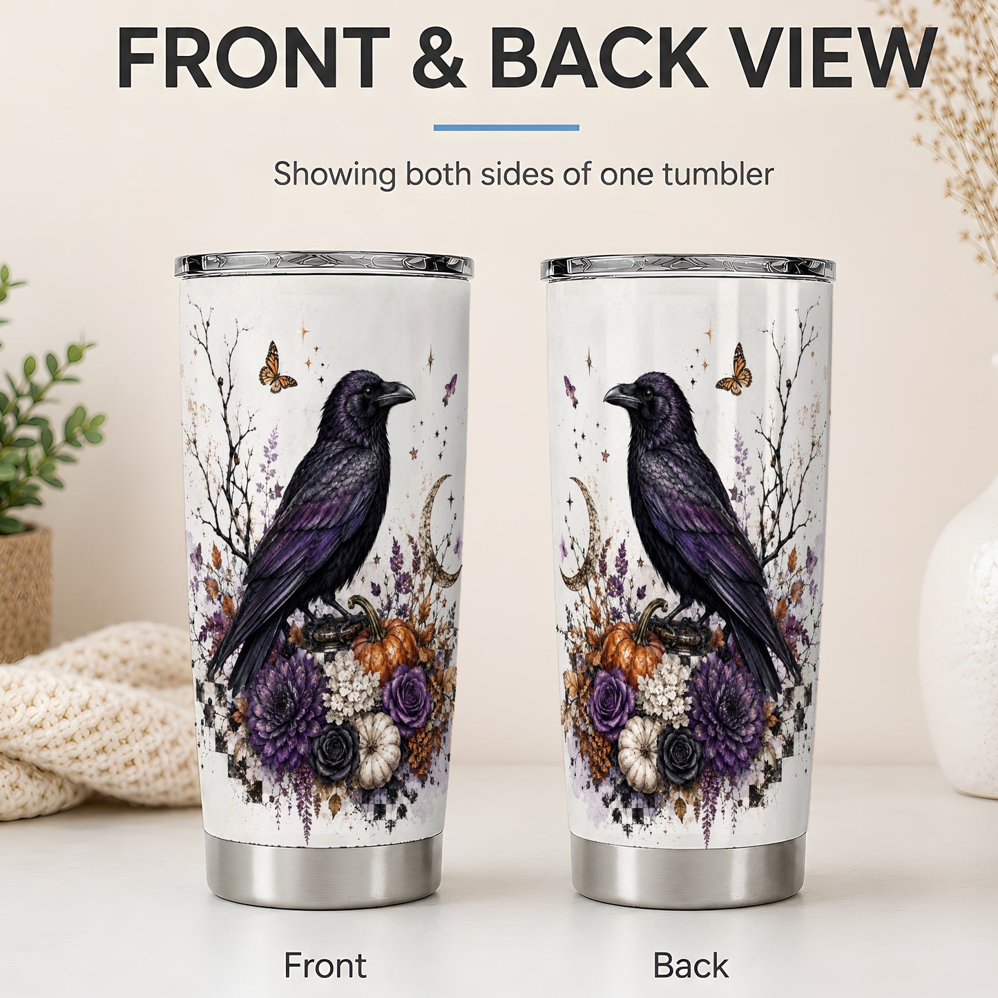#pl[20oz|Steel] Raven Moon Tumbler, 20oz Stainless Steel Tumbler with Autumn Floral Art