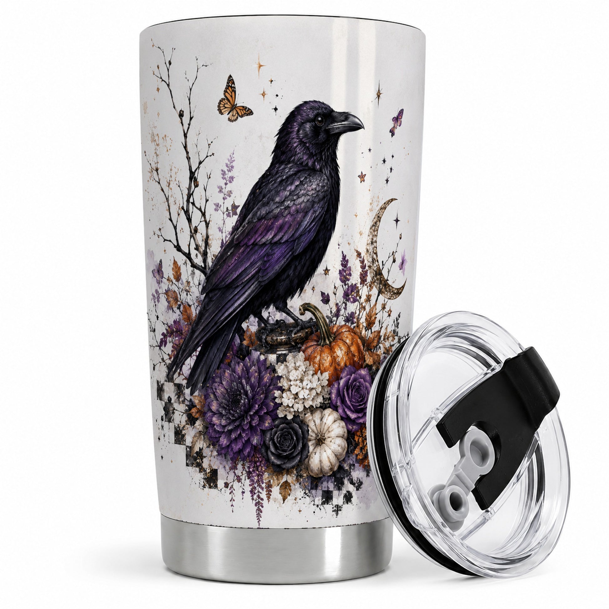 Raven Moon Tumbler, 20oz Stainless Steel Tumbler with Autumn Floral Art