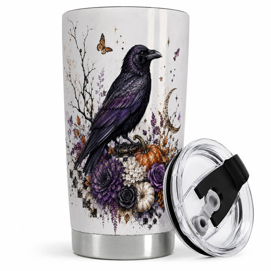 Raven Moon Tumbler, 20oz Stainless Steel Tumbler with Autumn Floral Art