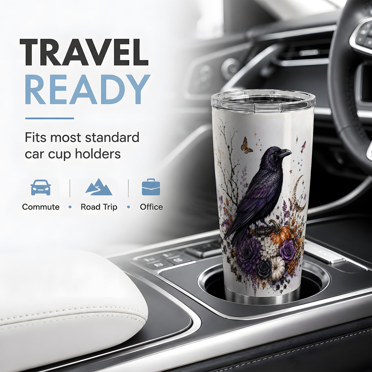 #pl[20oz|Steel] Raven Moon Tumbler, 20oz Stainless Steel Tumbler with Autumn Floral Art