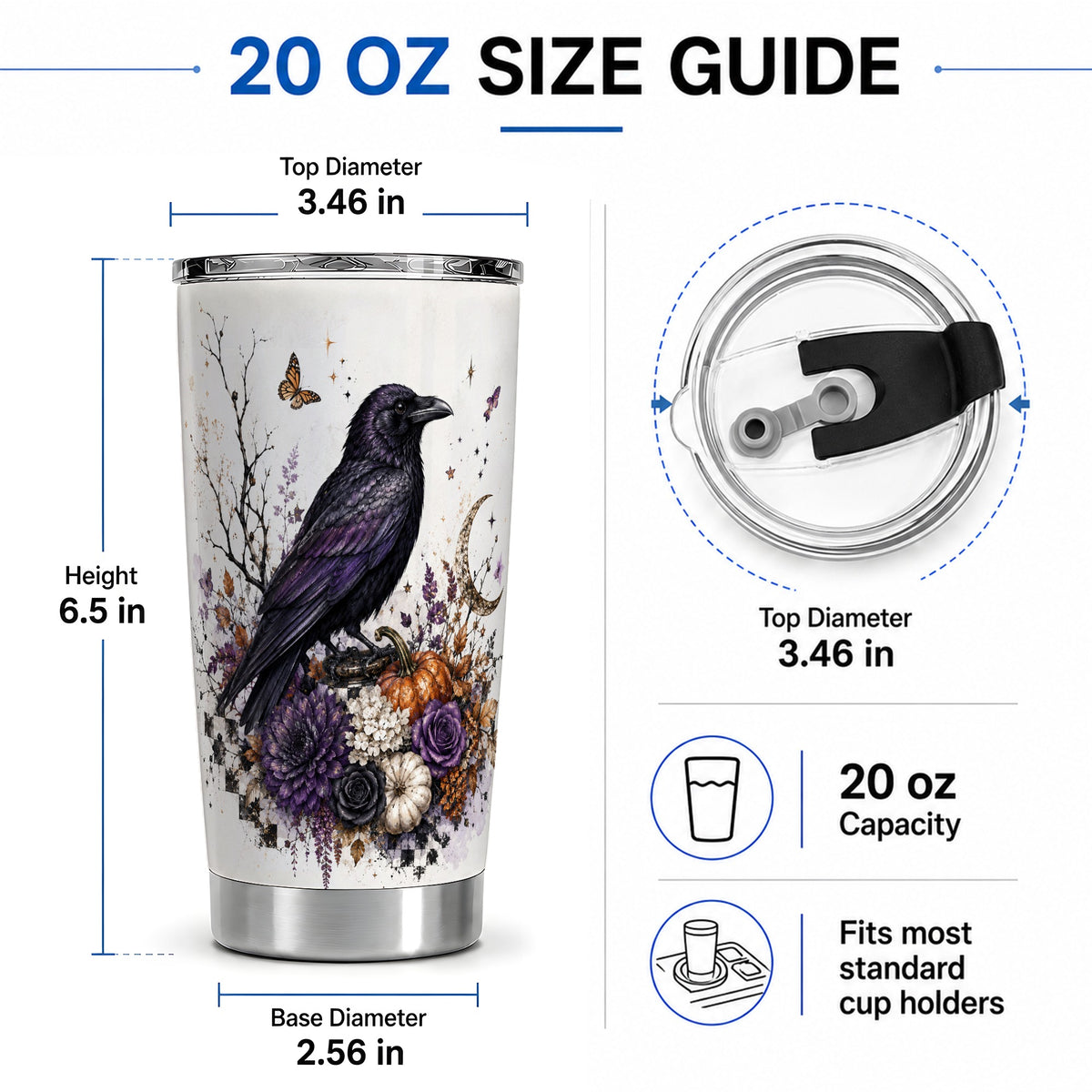 #pl[20oz|Steel] Raven Moon Tumbler, 20oz Stainless Steel Tumbler with Autumn Floral Art