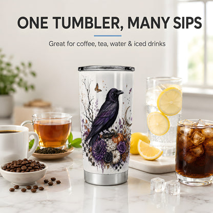 #pl[20oz|Steel] Raven Moon Tumbler, 20oz Stainless Steel Tumbler with Autumn Floral Art