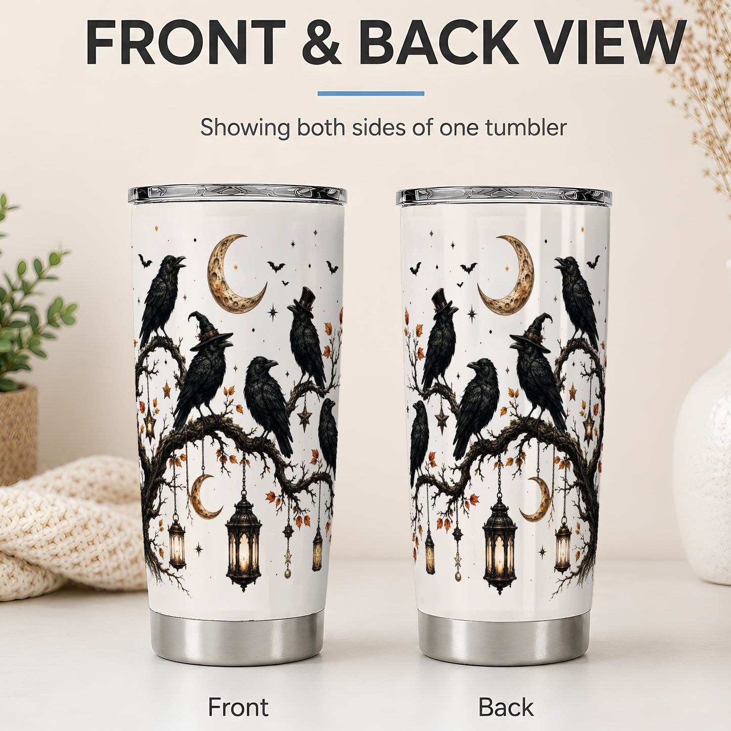 #pl[20oz|Steel] Witchy Raven Tumbler, 20oz Stainless Steel Tumbler with Branch Art