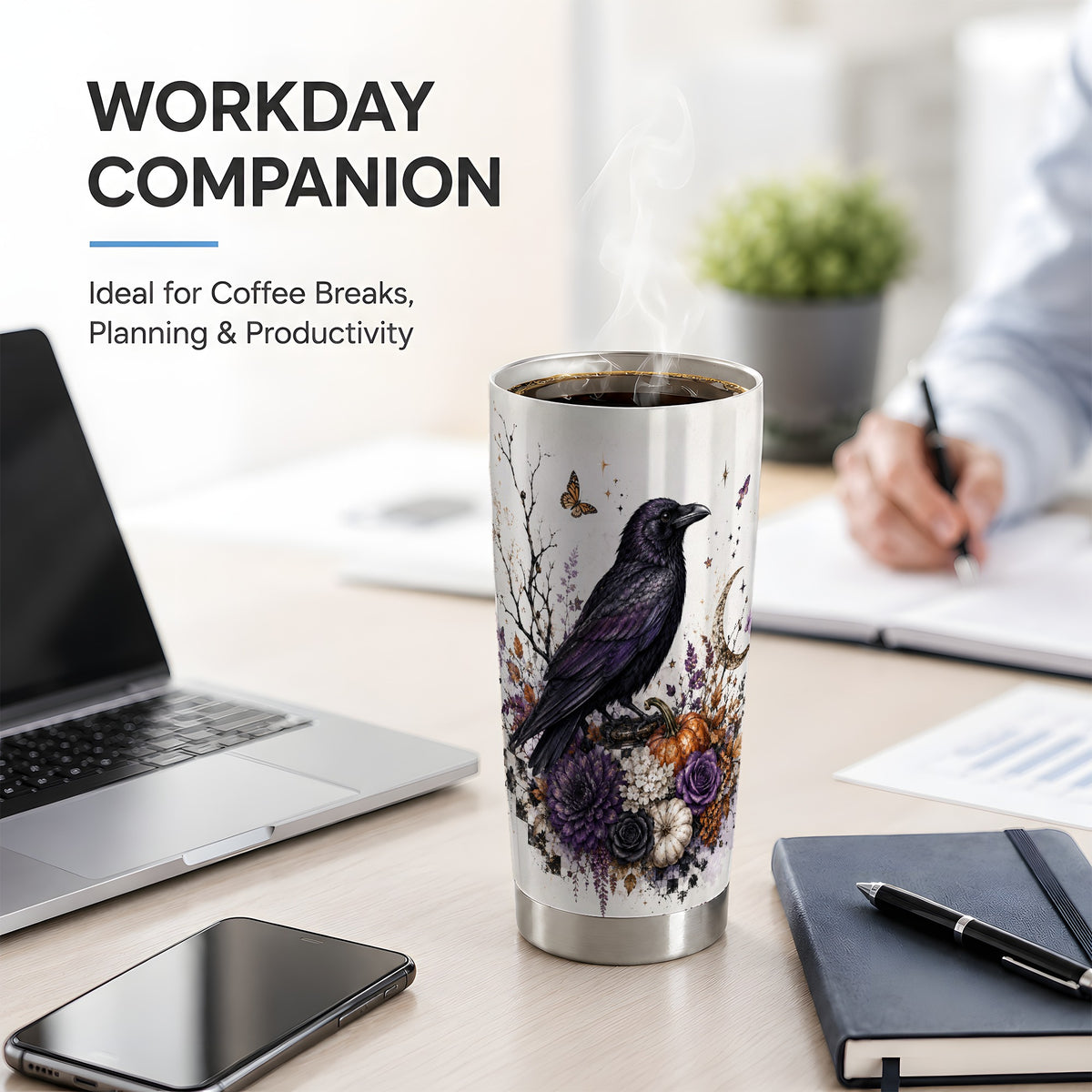#pl[20oz|Steel] Raven Moon Tumbler, 20oz Stainless Steel Tumbler with Autumn Floral Art