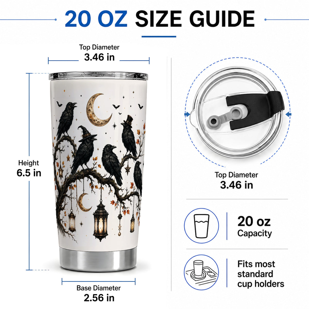 #pl[20oz|Steel] Witchy Raven Tumbler, 20oz Stainless Steel Tumbler with Branch Art