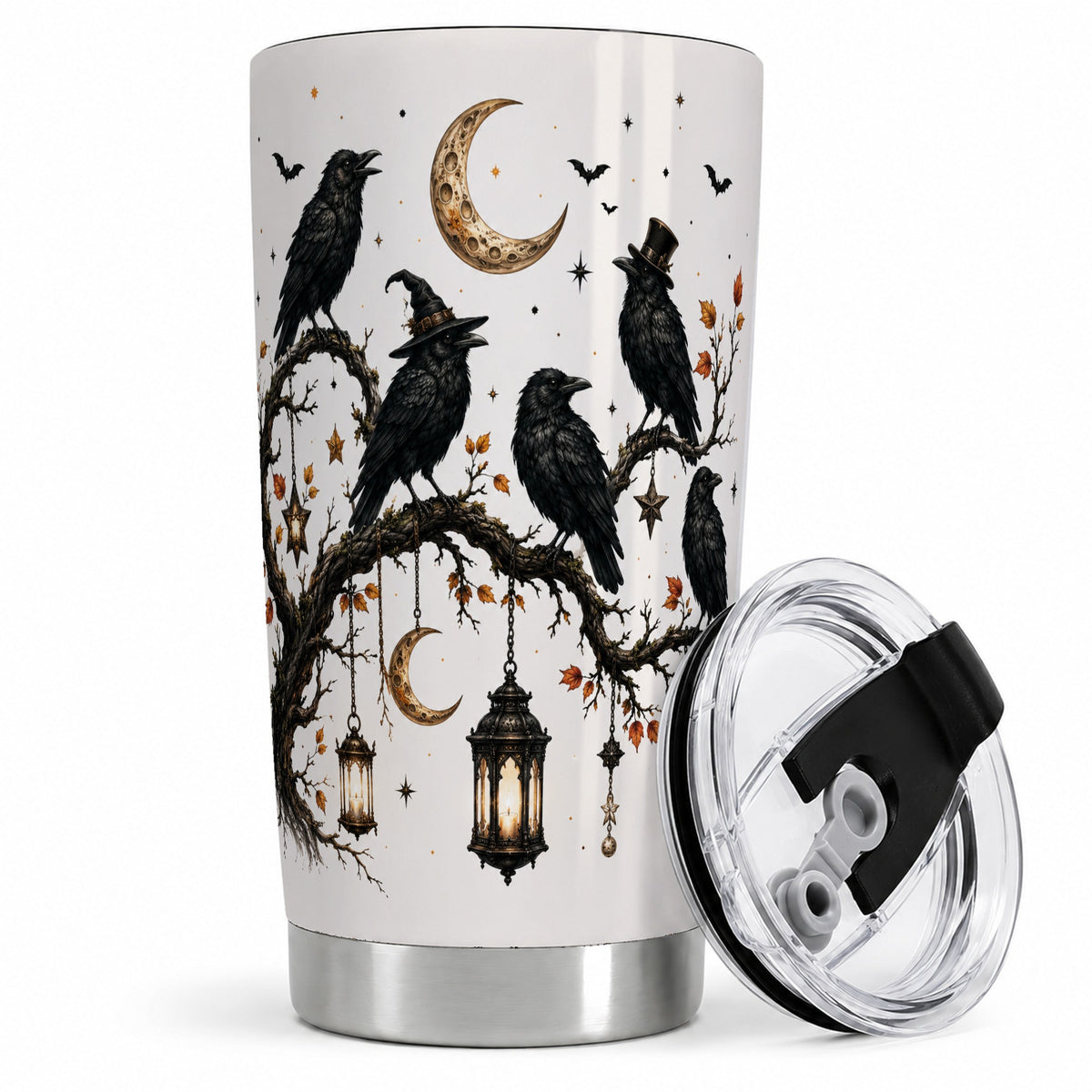 Witchy Raven Tumbler, 20oz Stainless Steel Tumbler with Branch Art