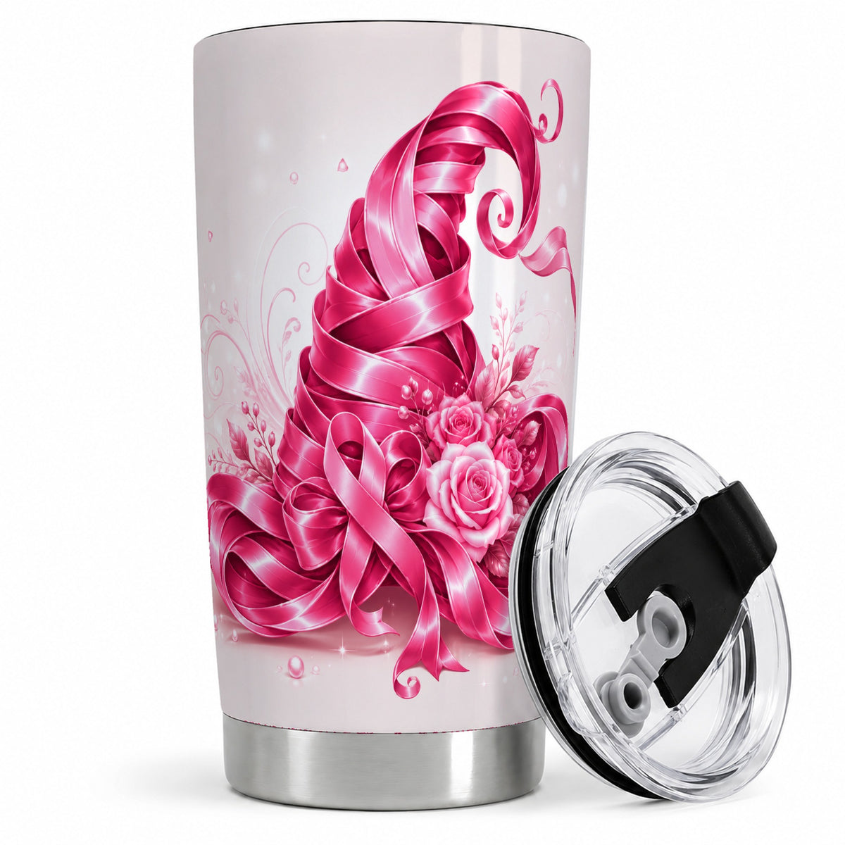 Pink Ribbon Floral Tumbler, 20oz Stainless Steel Tumbler with Rose Art