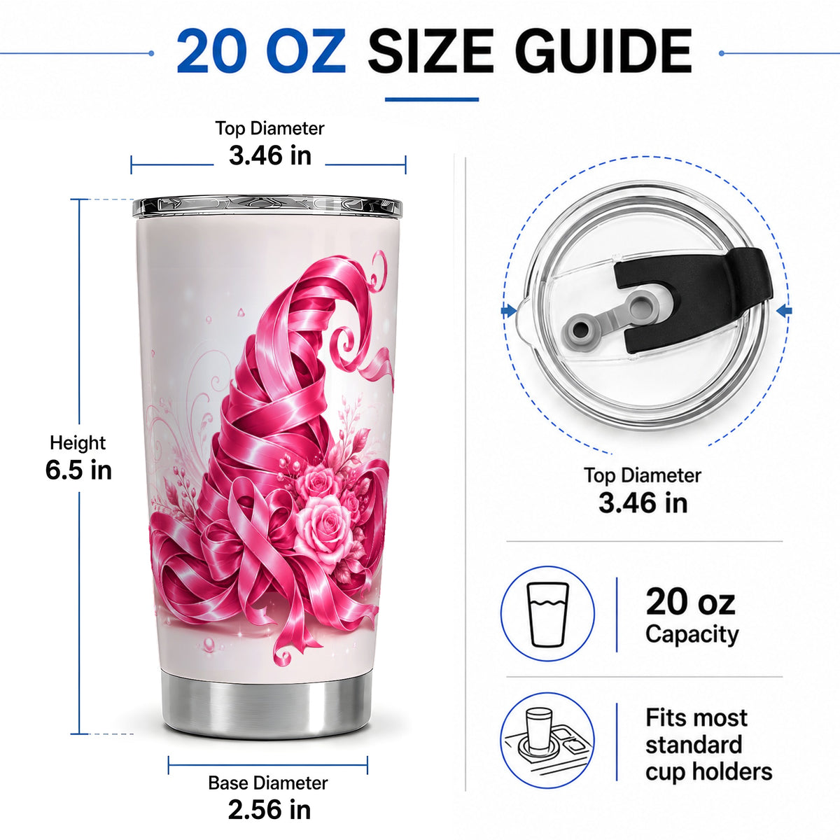 #pl[20oz|Steel] Pink Ribbon Floral Tumbler, 20oz Stainless Steel Tumbler with Rose Art