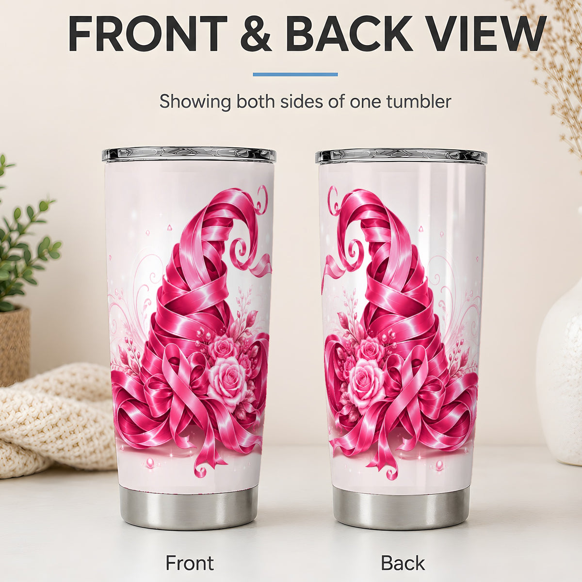#pl[20oz|Steel] Pink Ribbon Floral Tumbler, 20oz Stainless Steel Tumbler with Rose Art