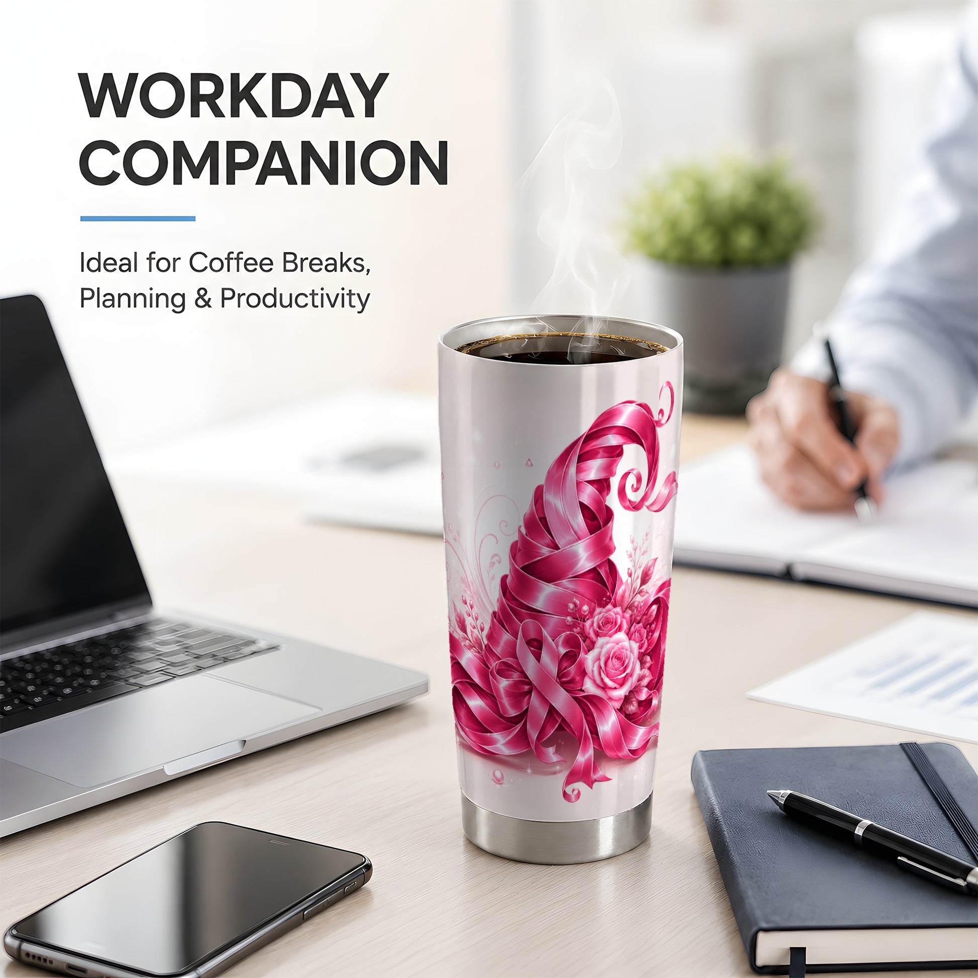 #pl[20oz|Steel] Pink Ribbon Floral Tumbler, 20oz Stainless Steel Tumbler with Rose Art