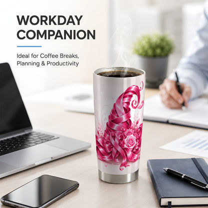 #pl[20oz|Steel] Pink Ribbon Floral Tumbler, 20oz Stainless Steel Tumbler with Rose Art