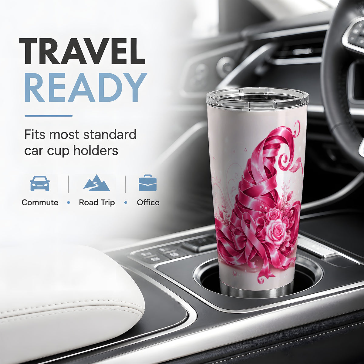 #pl[20oz|Steel] Pink Ribbon Floral Tumbler, 20oz Stainless Steel Tumbler with Rose Art