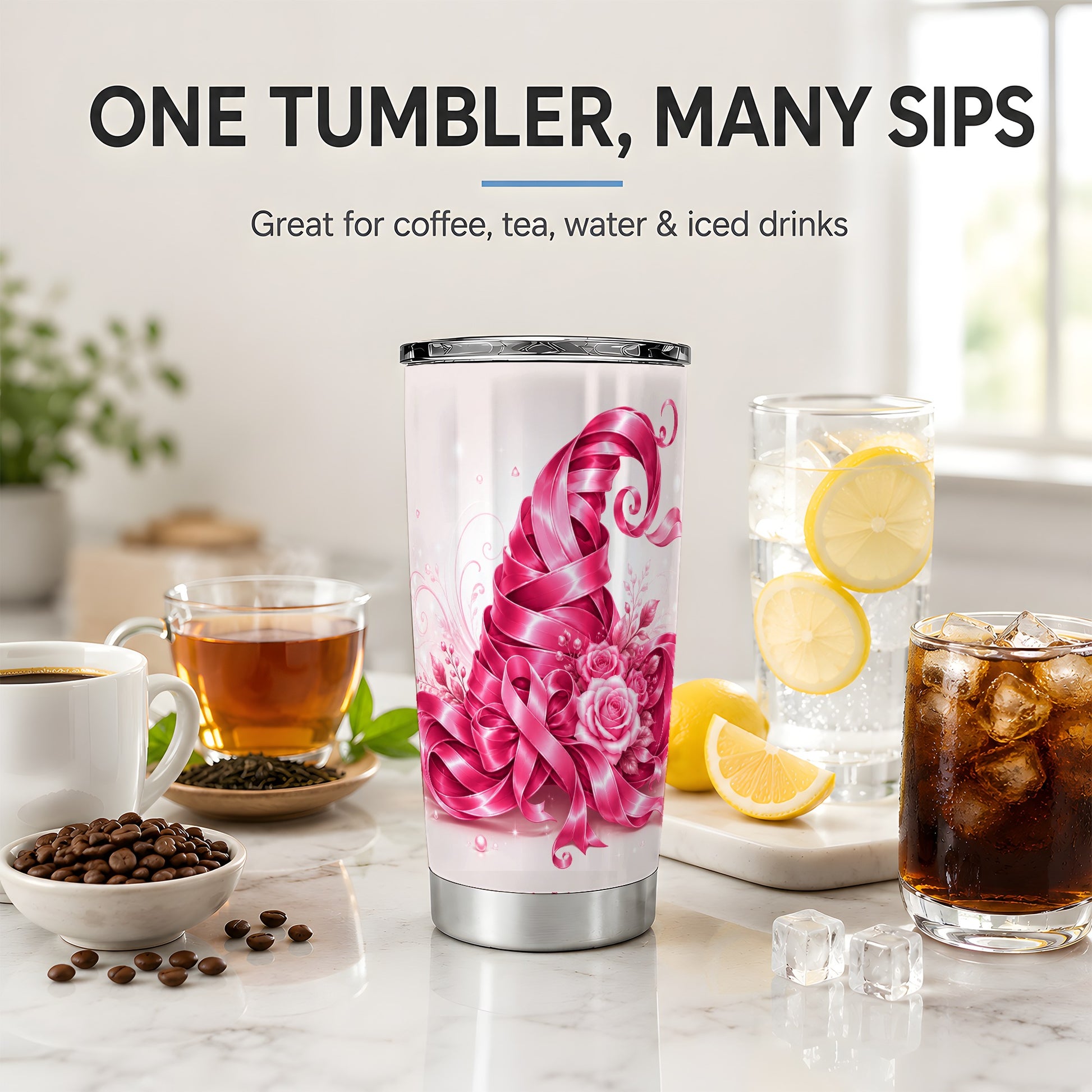 #pl[20oz|Steel] Pink Ribbon Floral Tumbler, 20oz Stainless Steel Tumbler with Rose Art