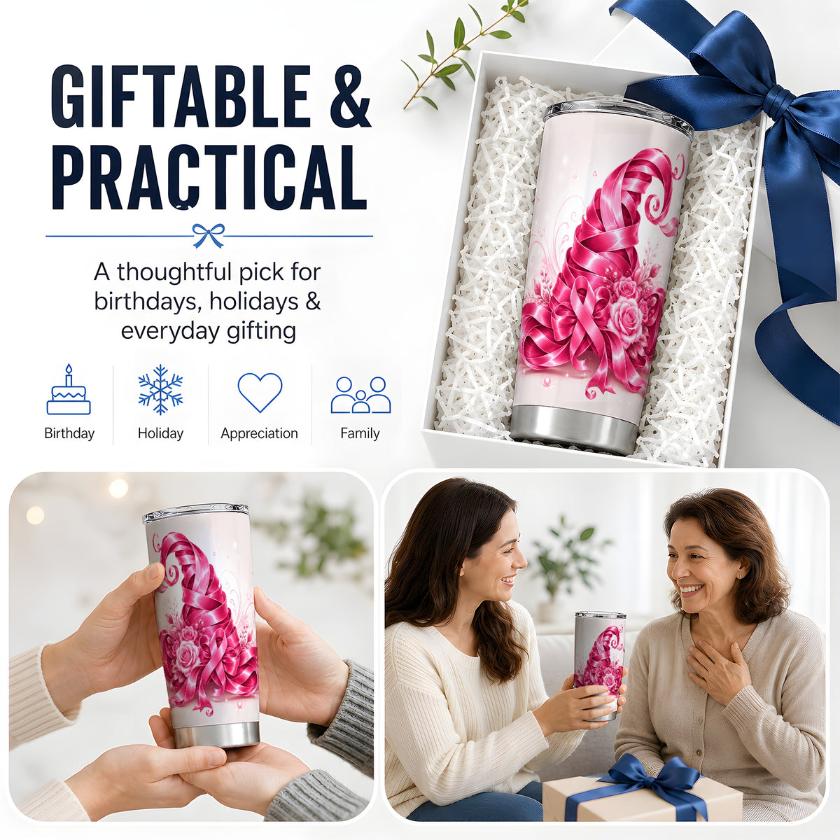 #pl[20oz|Steel] Pink Ribbon Floral Tumbler, 20oz Stainless Steel Tumbler with Rose Art