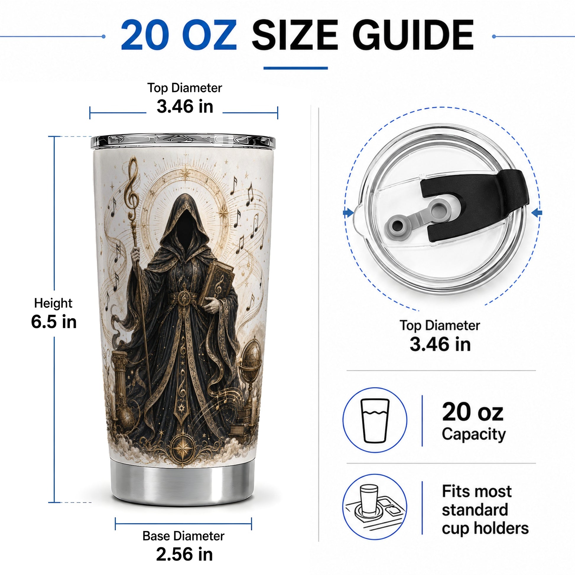 #pl[20oz|Steel] Mystic Music Tumbler, 20oz Stainless Steel Tumbler with Hooded Art