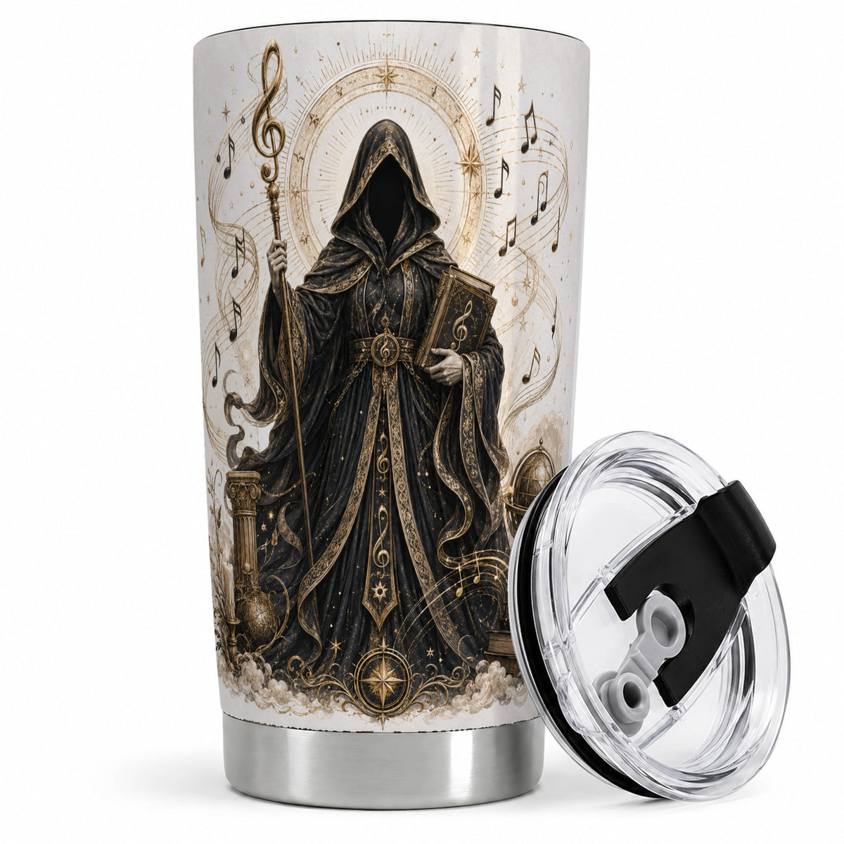 Mystic Music Tumbler, 20oz Stainless Steel Tumbler with Hooded Art