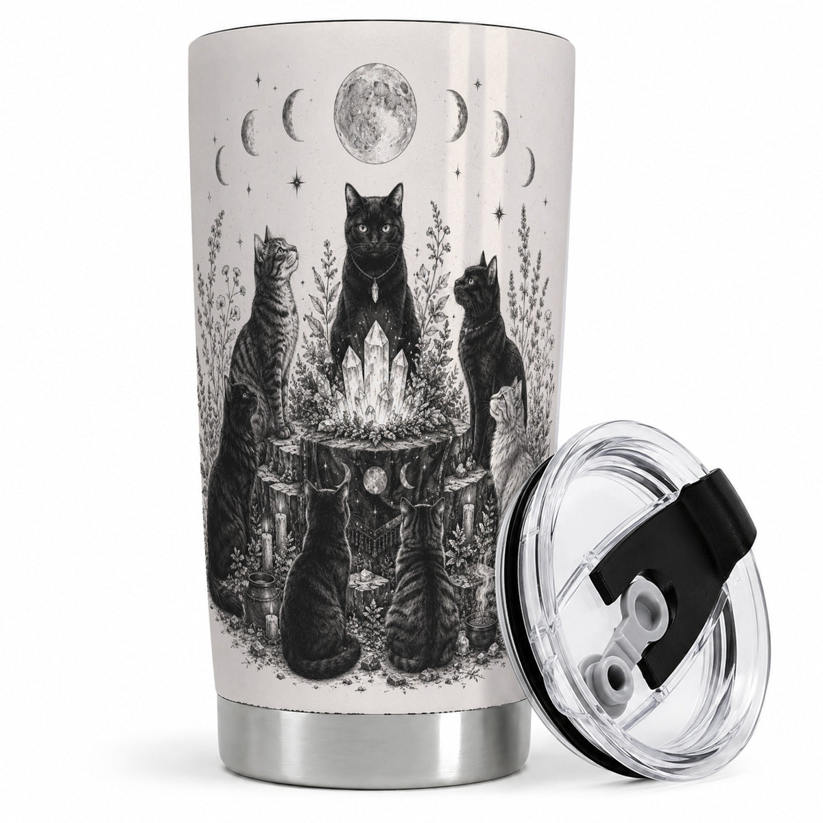 Mystic Cat Moon Tumbler, 20oz Stainless Steel Tumbler with Crystal Art
