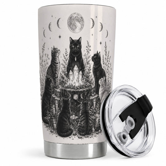 Mystic Cat Moon Tumbler, 20oz Stainless Steel Tumbler with Crystal Art
