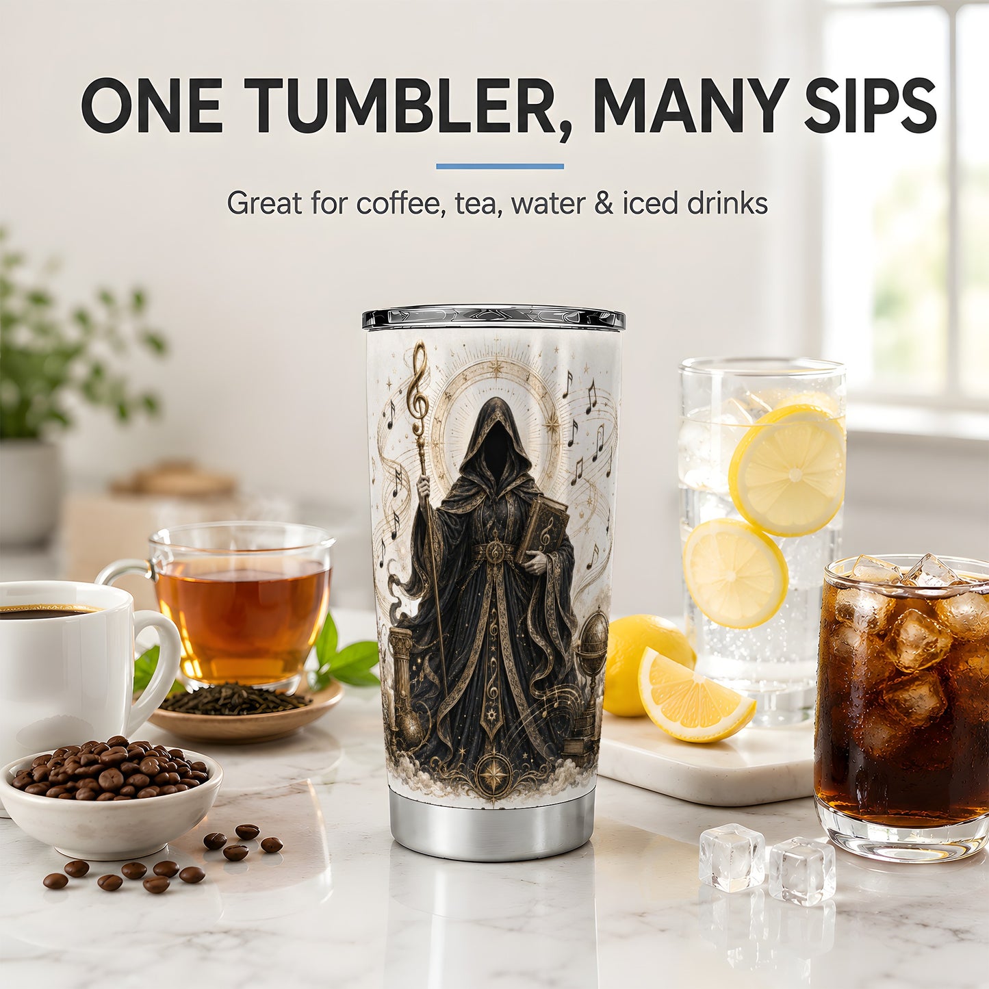 #pl[20oz|Steel] Mystic Music Tumbler, 20oz Stainless Steel Tumbler with Hooded Art