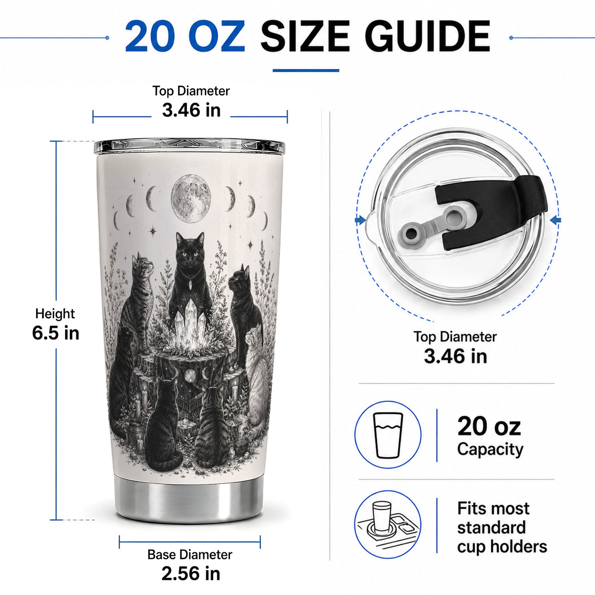 #pl[20oz|Steel] Mystic Cat Moon Tumbler, 20oz Stainless Steel Tumbler with Crystal Art