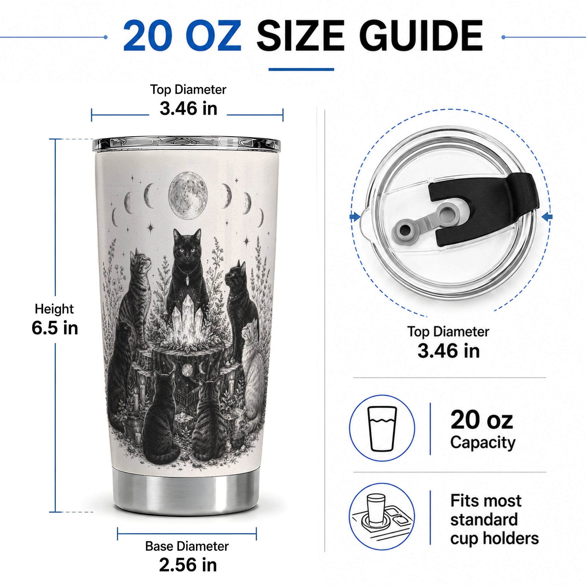 #pl[20oz|Steel] Mystic Cat Moon Tumbler, 20oz Stainless Steel Tumbler with Crystal Art